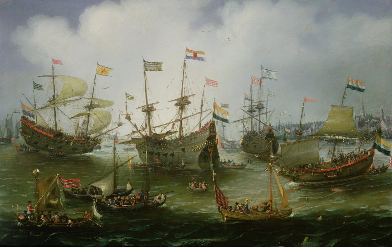 Powrót do Amsterdamu drugiej wyprawy do Indii Wschodnich 19 lipca 1599 (olej na miedzi) autorstwa Andries van Eertvelt