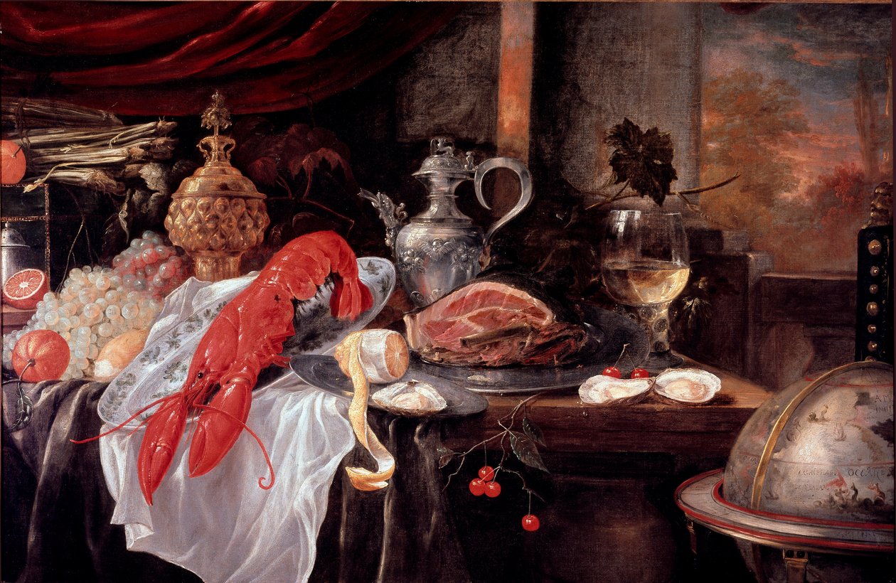Martwa natura z homarem, szynka, sztućce malarstwo Andrea Benedetti (1620-?) Faenza, Miejska Galeria Sztuki autorstwa Andries Benedetti