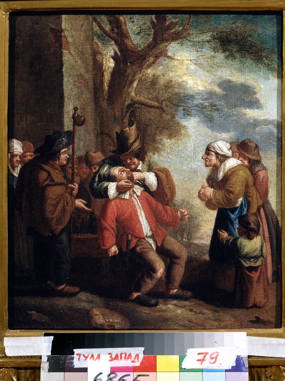 ""Wyciągacz zębów lub ból"" (Dentysta. Ból (z cyklu Pięć zmysłów) Obraz Andriesa Dirksza Obaj (1608-1641) XVII-wieczne Państwowe Muzeum Sztuki Tula Rosja autorstwa Andries Both