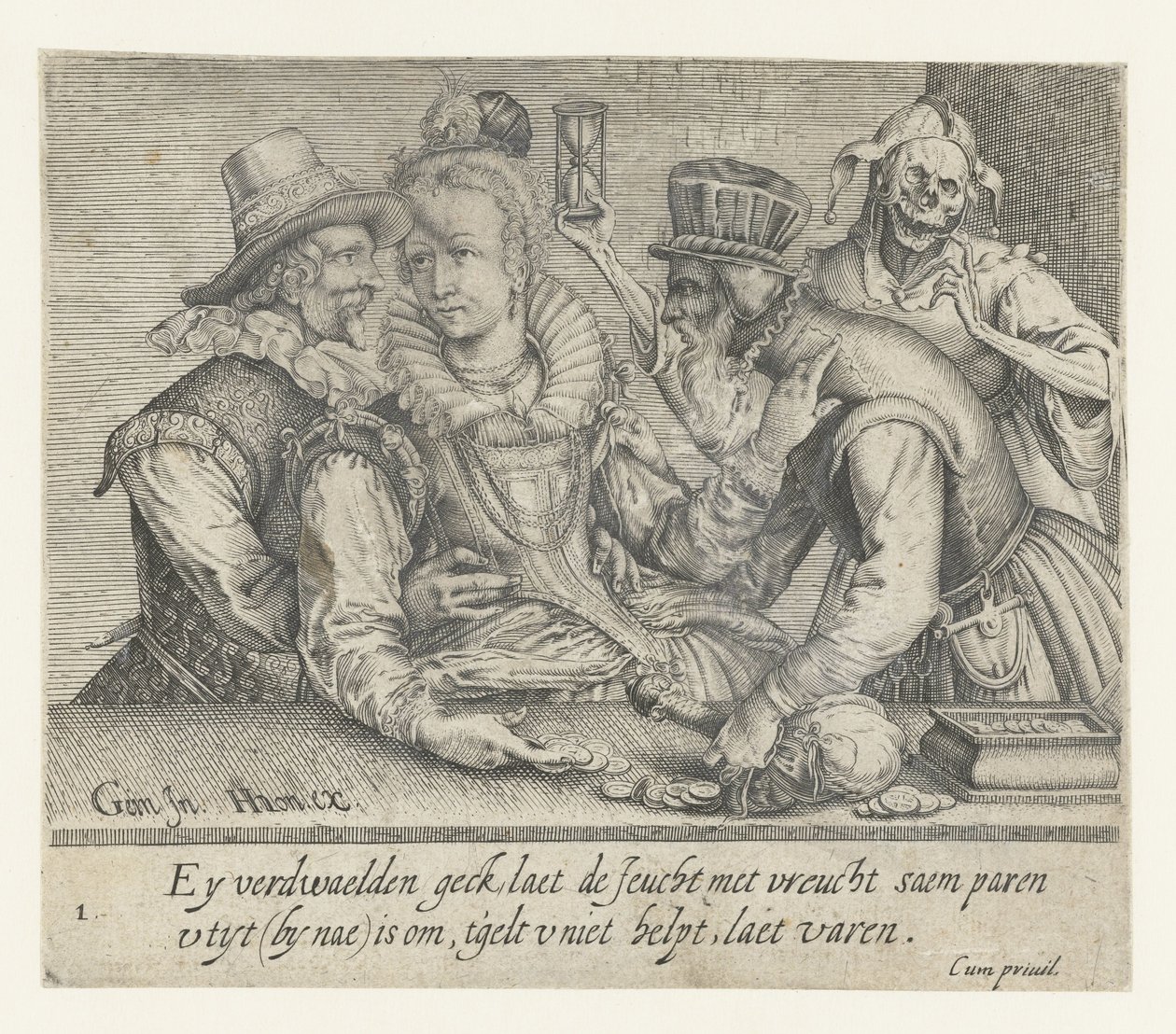 Stary człowiek próbuje kupić miłość młodej kobiety Nierówna miłość (tytuł serii) autorstwa Andries Jacobsz. Stock (possibly)
