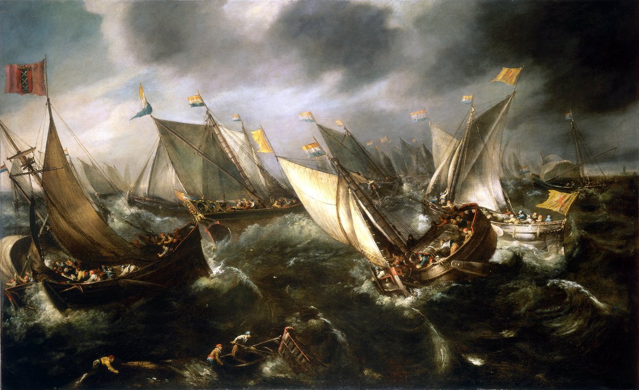 Wyścig holenderskich jachtów u wybrzeży północnej Europy. Olej na płótnie, około 1630 roku, autor: Andries van Eertvelt (1590-1652). autorstwa Andries van Eertvelt