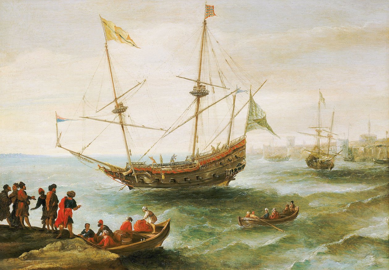 Algierczyk zakotwiczony w porcie w Barbarii (nazwa nadana wybrzeżu Afryki Północnej od XVI do XIX wieku przez Europejczyków). Obraz olejny autorstwa Andriesa van Eertvelta (1590-1652). autorstwa Andries van Eertvelt