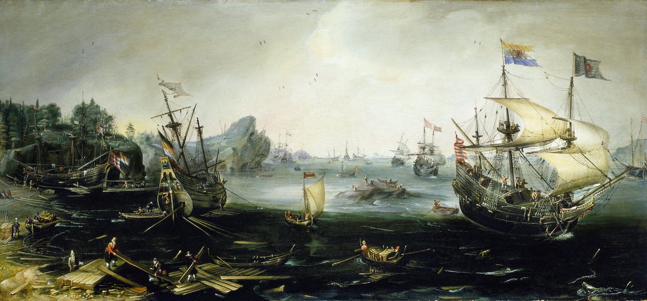 Holenderskie statki ładujące ładunek drewna do skandynawskiego fiordu. Obraz olejny autorstwa Andriesa van Eertvelta (1590-1652). autorstwa Andries van Eertvelt