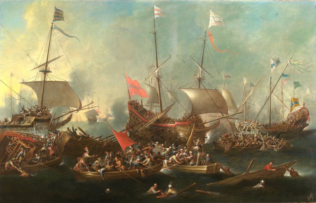 Bitwa pod Lepanto – bitwa morska między chrześcijanami a korsarzami berberyjskimi, 1615-20. autorstwa Andries van Eertvelt