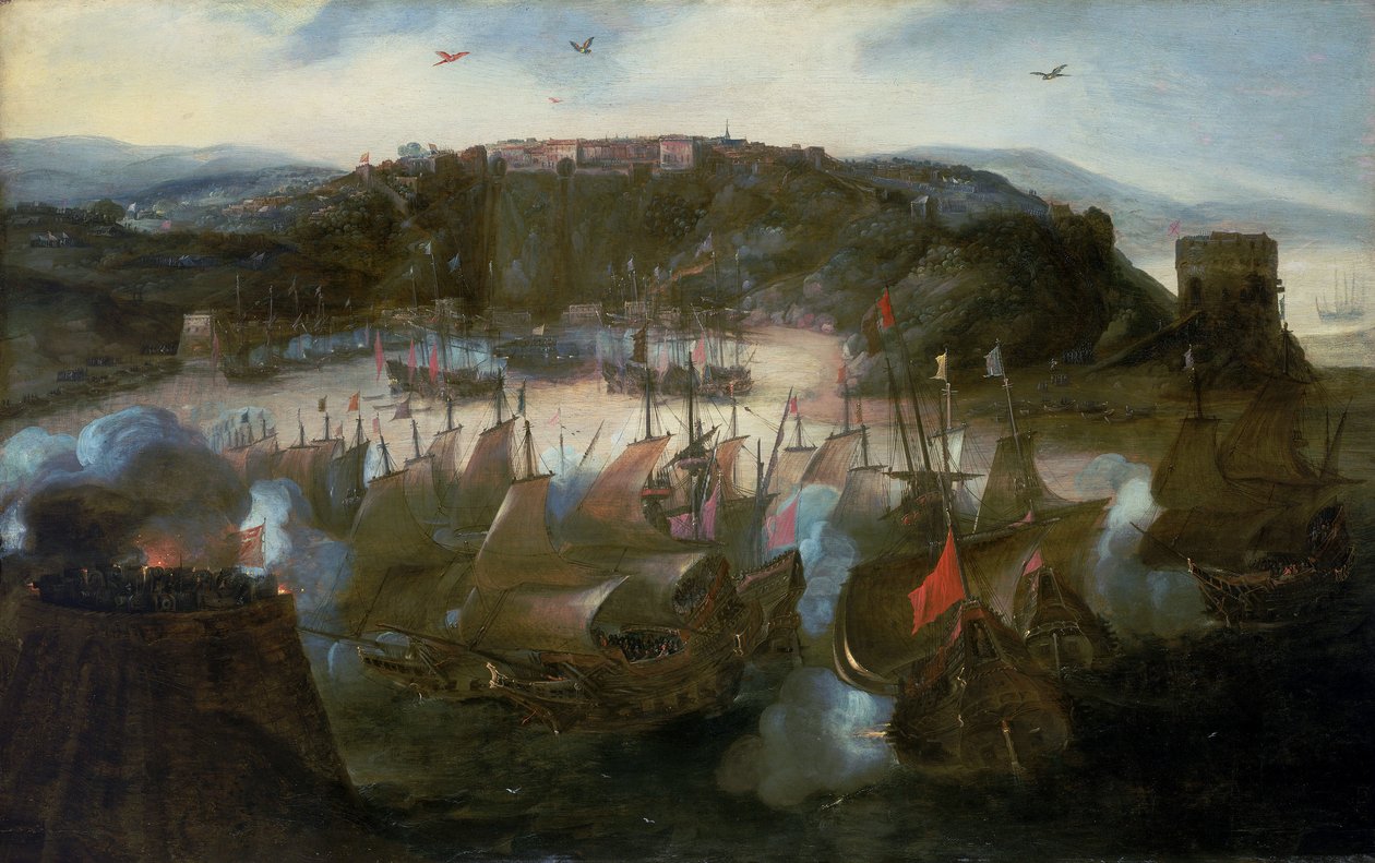 Atak holenderskiej floty na San Salvador (lub Bahia, dzisiejszy Salvador w Brazylii) w 1624 r. autorstwa Andries van Eertvelt