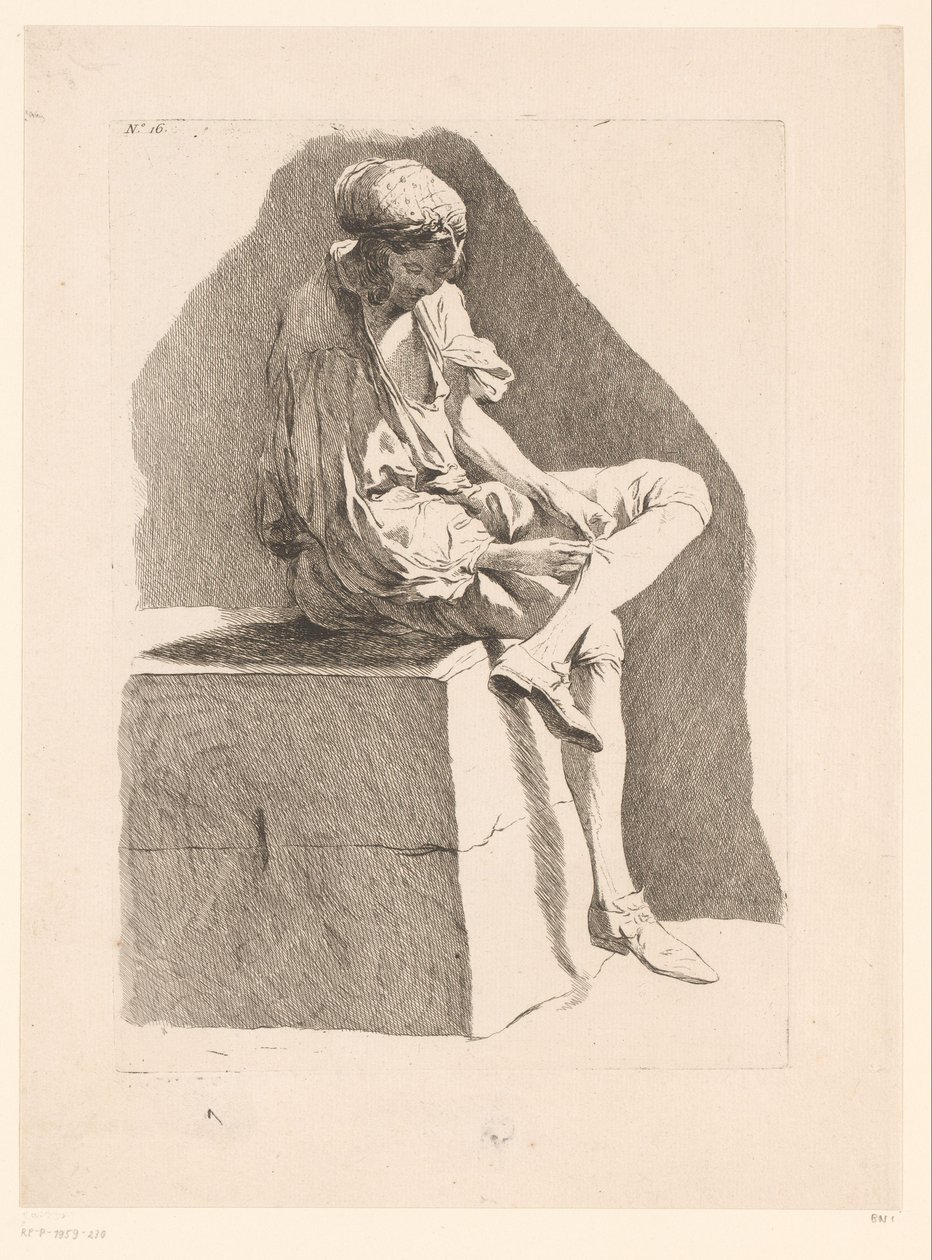 Karykatura chłopca szyjącego pończochę Karykatury wg J. Saly (tytuł serii) Recueil de caricatures dessinées Par J. Saly et Gravées par A.L. DeLalive DJ (tytuł serii) autorstwa Ange Laurent de, marquis de Rémoville Lalive