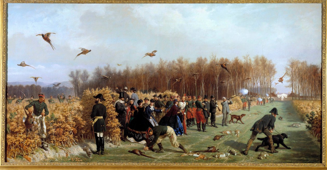 Polowanie na strzelaninę w bażanderii Obraz Ange-Louis Janet Lange (1815-1872) XIX w. nd. 1,1x1,9m. Compiegne, muzeum zamkowe autorstwa Ange Louis Janet