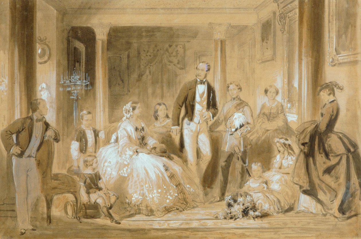 Rodzina królewska w jadalni w Osborne House (ołówek z praniem na papierze) autorstwa Ange Louis (1815 72) Janet