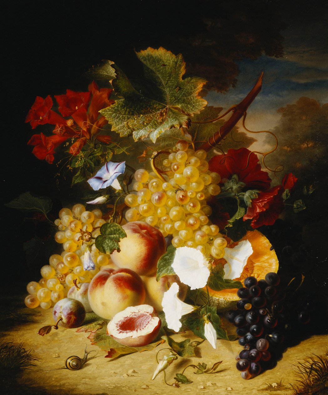 Brzoskwinie, winogrona, melon, konwulsy i inne kwiaty w krajobrazie, autorstwa Ange Louis Guillaume Lesourd Beauregard