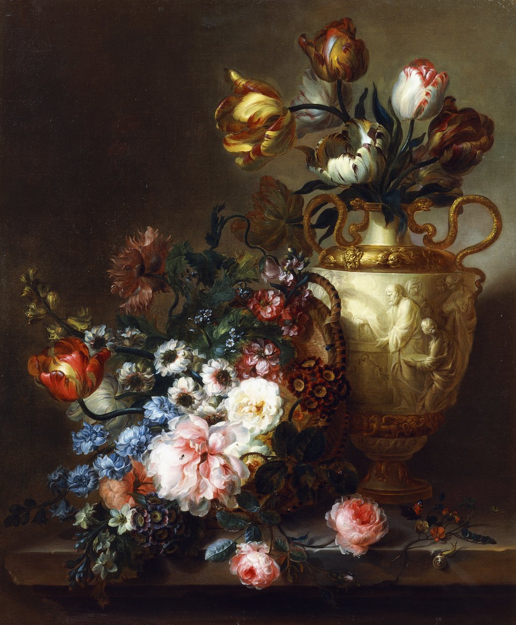 Tulipany w wazonie i róże w koszu na kamiennej półce, autorstwa Ange Louis Guillaume Lesourd Beauregard