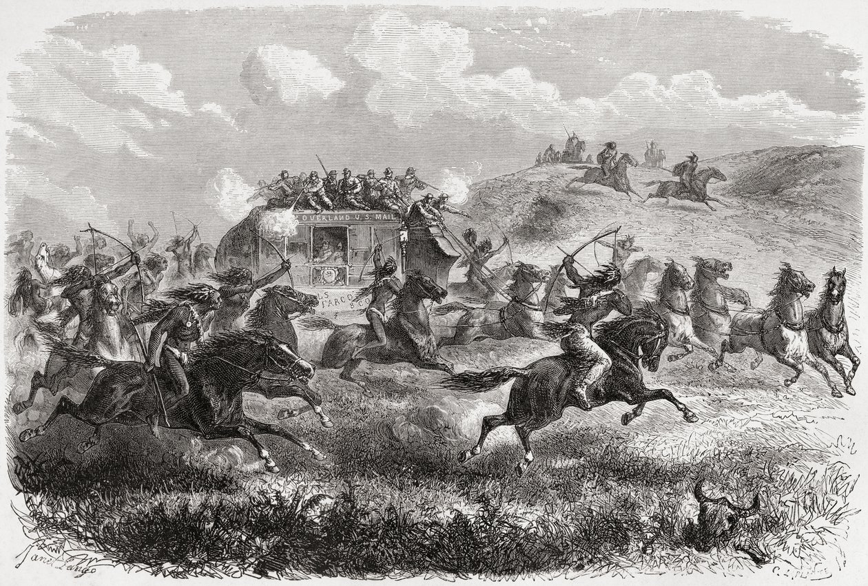 Indianie atakujący transkontynentalny dyliżans w 1867 r., ilustracja z „Świata w rękach”, rytowana przez Charlesa Laplante (zm. 1903), opublikowana w 1878 r. autorstwa Ange Louis Janet