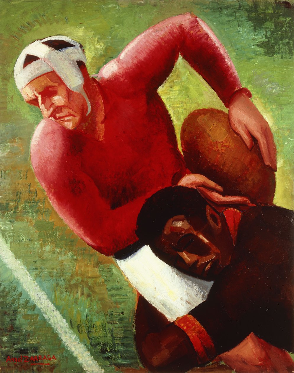 ruch piłkarski; Gra w piłkę nożną, ok. 1925 r. (olej na płótnie) autorstwa Ángel Zárraga