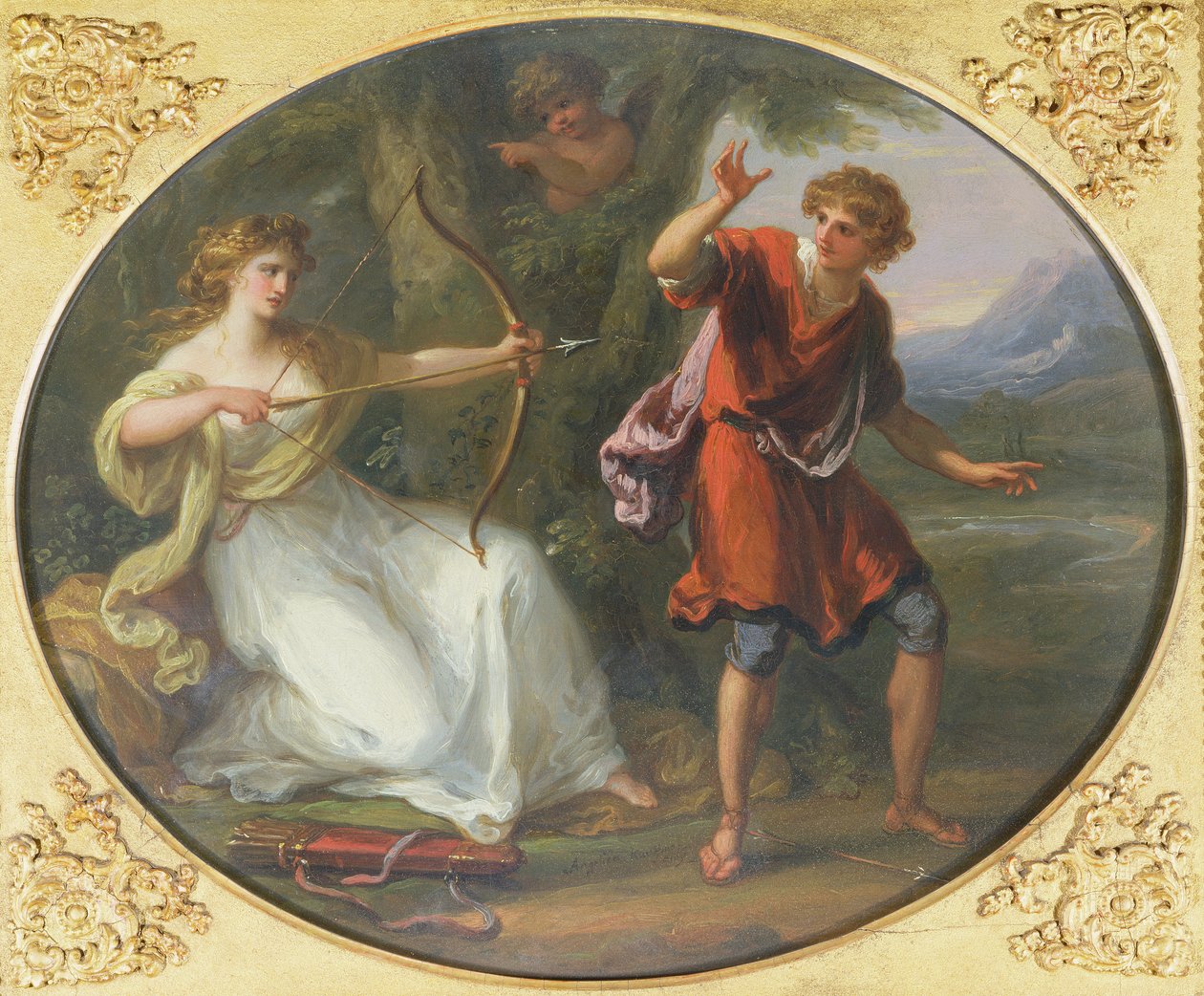 Nimfa ciągnąca łuk na młodości, 1780 (olej na miedzi) autorstwa Angelica Kauffmann