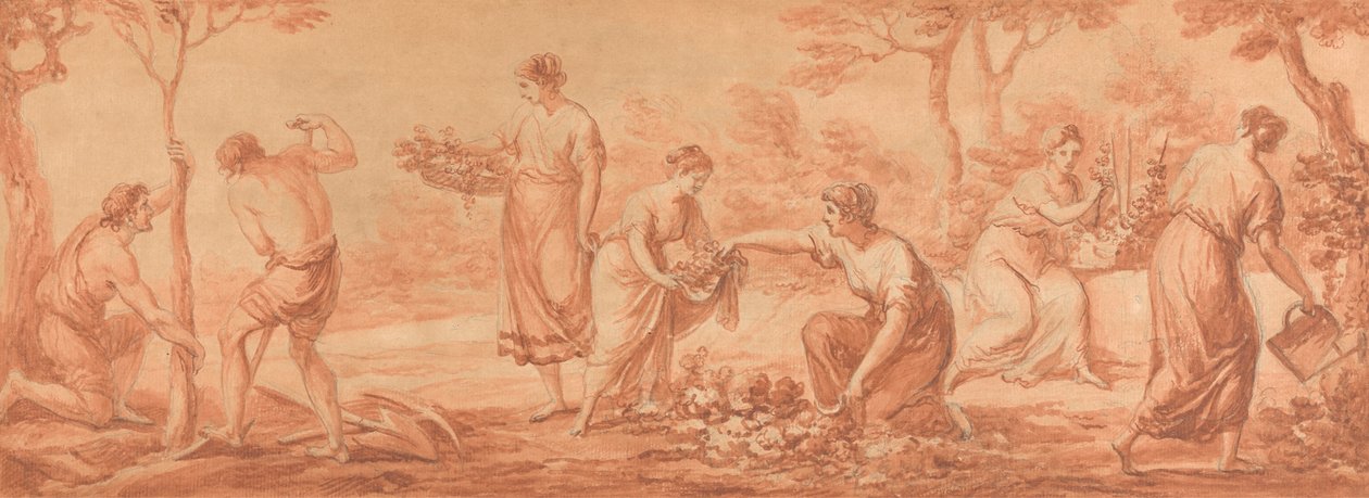 Fryz: mężczyźni sadzą drzewa, kobiety zbierają kwiaty i podlewają kwiaty autorstwa Angelica Kauffmann