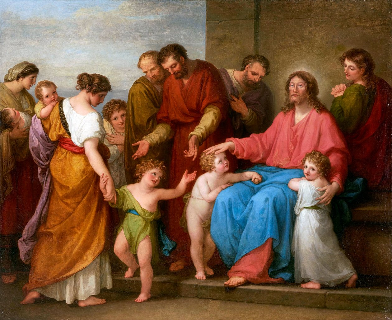 Jezus Chrystus błogosławiący dzieci (niech małe dzieci przychodzą do mnie) - Chrystus błogosławi dzieci (niech małe dzieci przychodzą do mnie) - Angelika Kauffmann (1741-1807). olej na płótnie autorstwa Angelica Kauffmann
