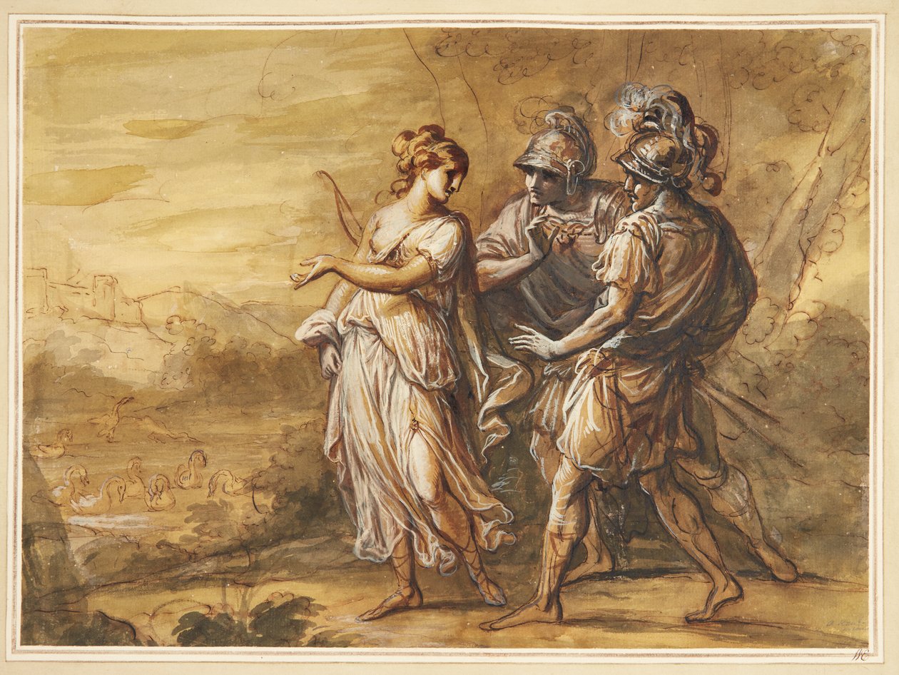 Scena mitologiczna. Młoda kobieta z kokardą skierowana w stronę dwóch uzbrojonych mężczyzn autorstwa Angelica Kauffmann