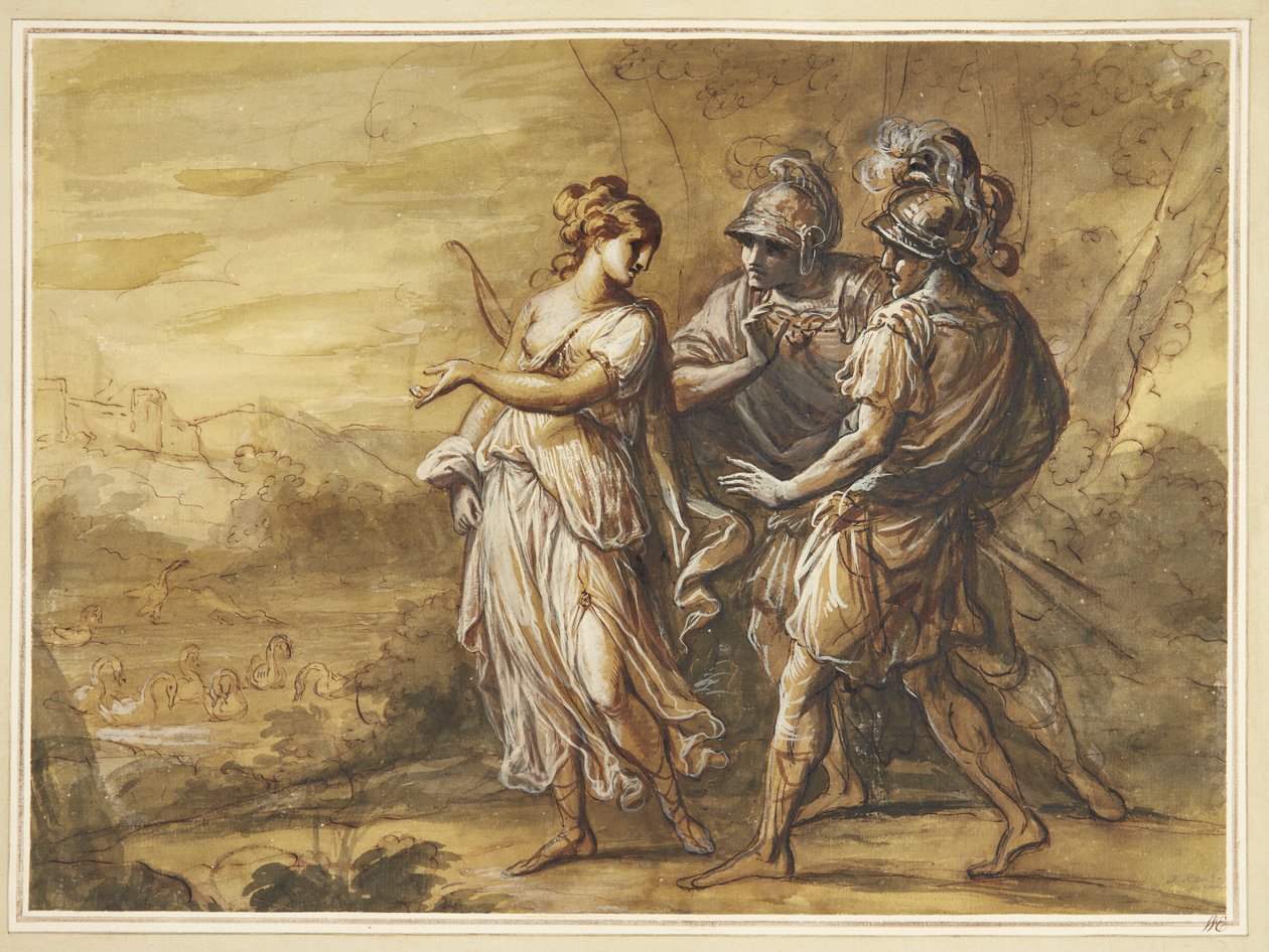 Scena mitologiczna. Młoda kobieta z kokardą skierowana w stronę dwóch uzbrojonych mężczyzn autorstwa Angelica Kauffmann