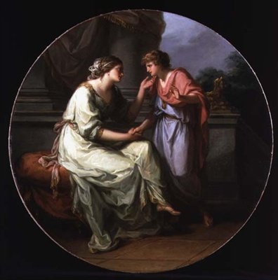 Papirius Pratextatus błagany przez Matkę o ujawnienie tajemnic obrad Senatu Rzymskiego (olej na płótnie) autorstwa Angelica Kauffmann