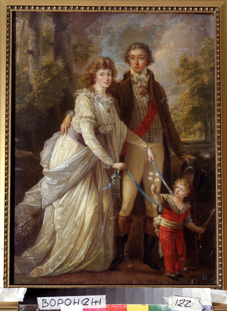 ""Portret rodziny"" Rodzina szwajcarskiej szlachty, dziecko trzymane jest przez matkę wstążkami. Obraz Angeliki Kauffmann (Angelica Kauffmann autorstwa Angelica Kauffmann