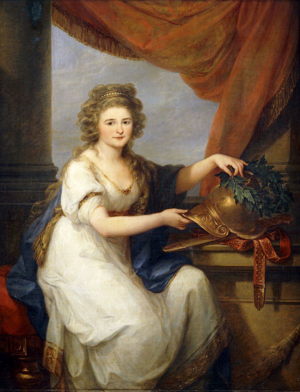 Portret hrabiny Katarzyny Skavrońskiej, siedząca 3/4 długości, w neoklasycystycznym stroju, przy drapowanej zasłonie, zdobi hełm, inskrypcja „Potemkin Taurico”, z wieńcem, 1789 autorstwa Angelica Kauffmann
