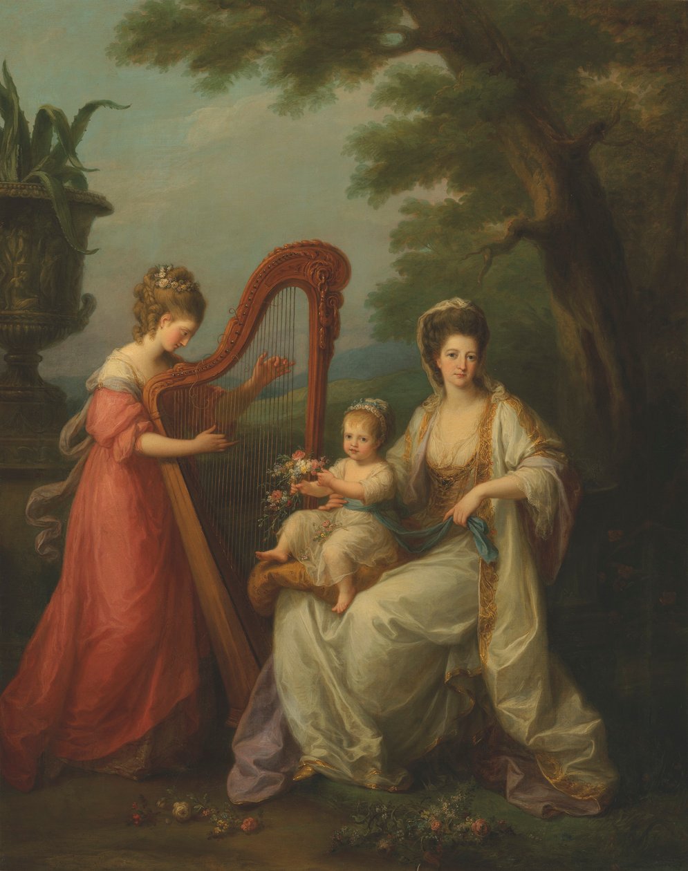 Portret Lady Elizabeth Smith-Stanley, hrabiny Derby, z jej niemowlęcym synem Edwardem, późniejszym 13. hrabią Derby, i jej przyrodnią siostrą, Lady Augustą Campbell, grającą na harfie. autorstwa Angelica Kauffmann