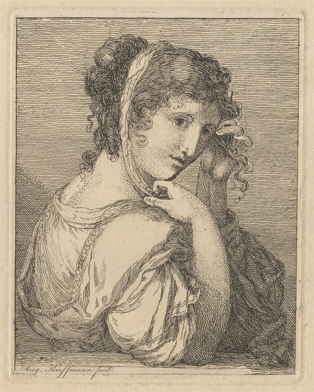 Kobieta poprawiająca wstążkę we włosach autorstwa Angelica Kauffmann