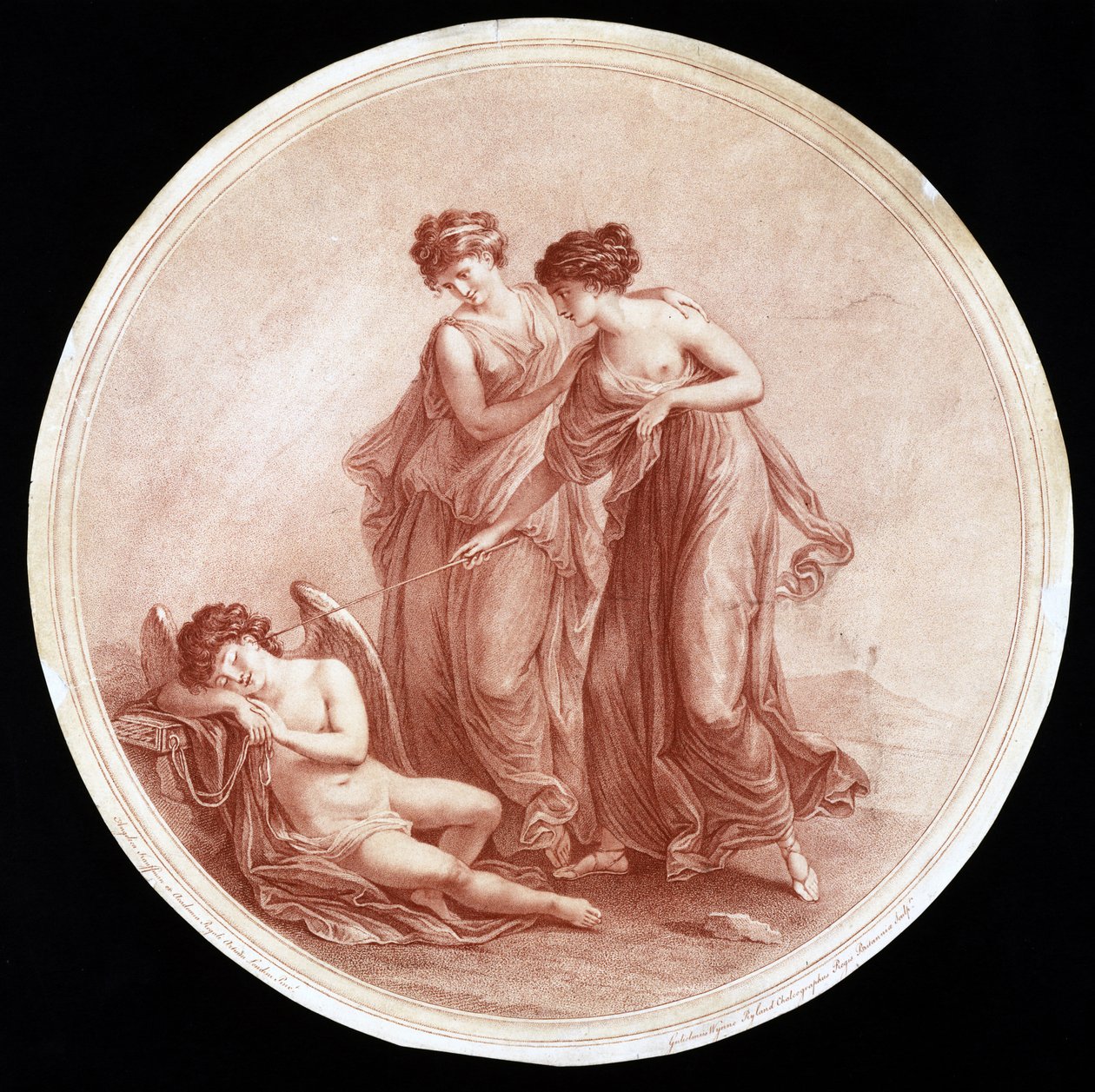 Graces Awakening Cupid, grawerowane przez Williama Wynne Rylanda (1732-83) 1776 (grawerunek z czerwoną kropką) autorstwa Angelica after Kauffmann