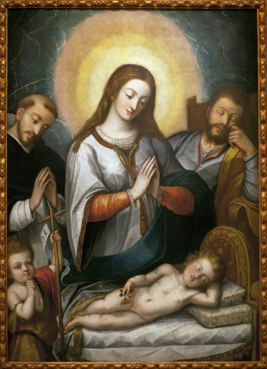 Święta Rodzina ze św. Janem Chrzcicielem i św. Dominikiem. Obraz Angelino Medoro (1576-1633), olej na płótnie autorstwa Angelino Medoro