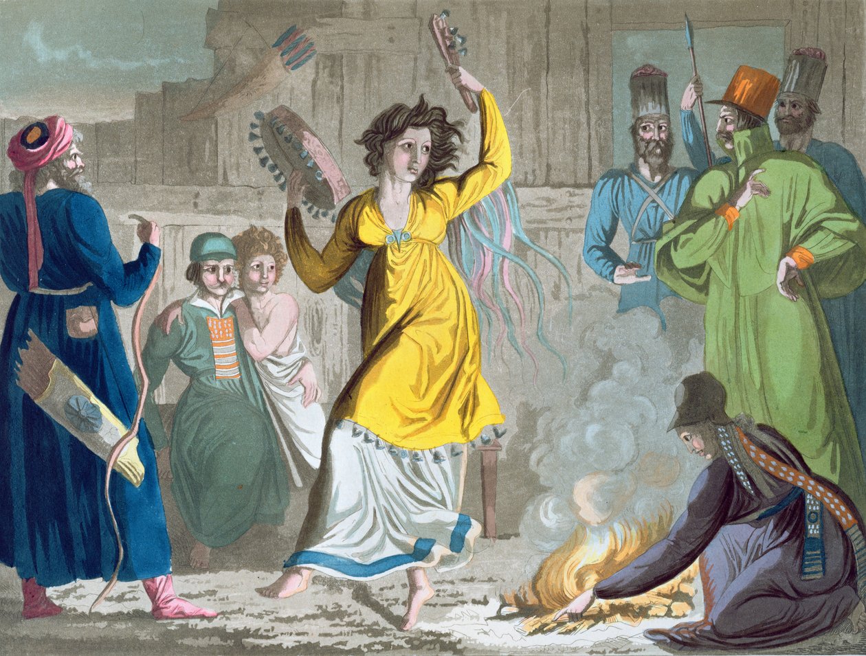 Szaman Talysh tańczący wokół ognia, z „Starożytnego i współczesnego kostiumu” Giulio Ferrario, 1819 autorstwa Angelo Biasioli