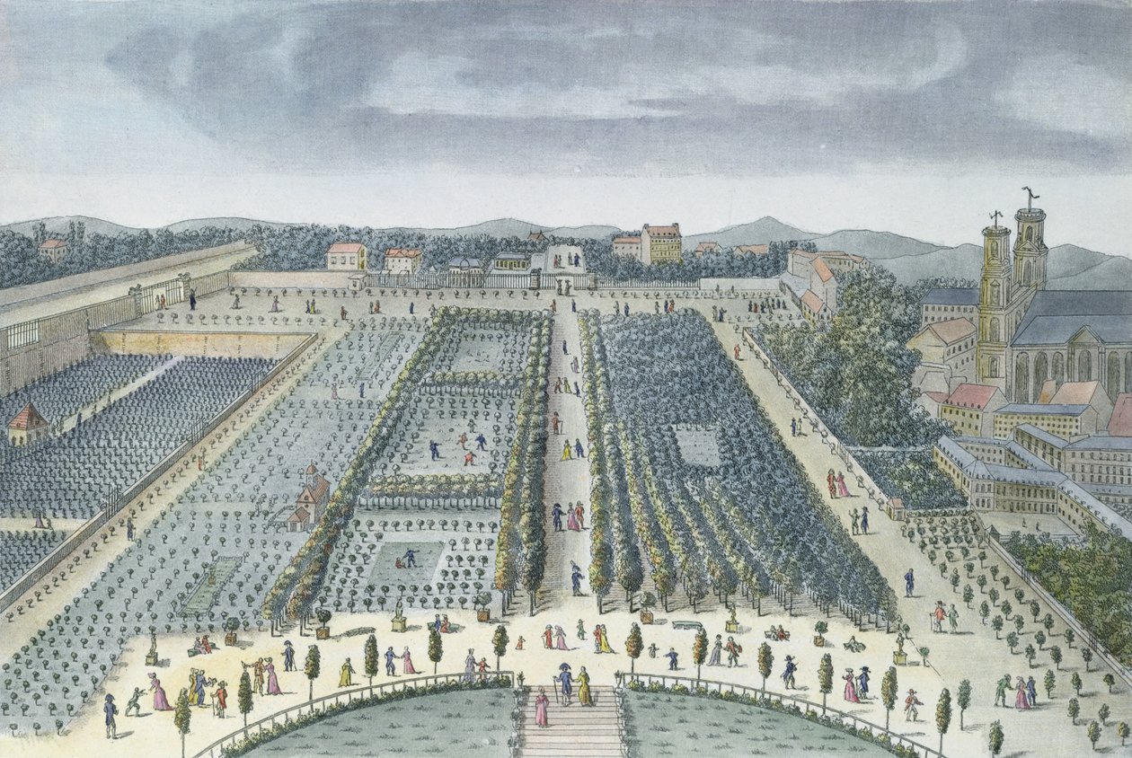 Widok ogólny Ogrodów Luksemburskich w Paryżu, 1810, rytowany przez J.B. Chapuis (akwatinta) autorstwa Angelo Garbizza