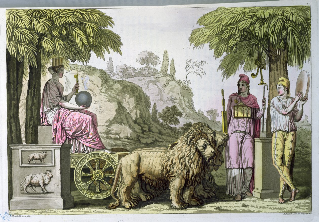 Cybele na swoim rydwanie i Attis, z „Le Costume Ancien ou Moderne” Julesa Ferrario, grawerowane przez A. Biasioli, ok. 1820 (akwatinta) autorstwa Angelo Monticelli