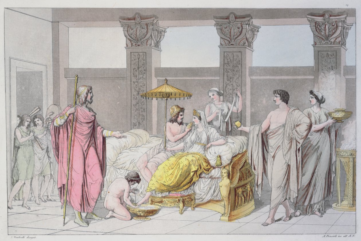 Wesele Ulissesa i Penelopy, ilustracja z „Le Costume Ancien ou Moderne” Julesa Ferrario, sztych. A. Biasoli, Mediolan 1821 (grafika kolorowa) autorstwa Angelo Monticelli