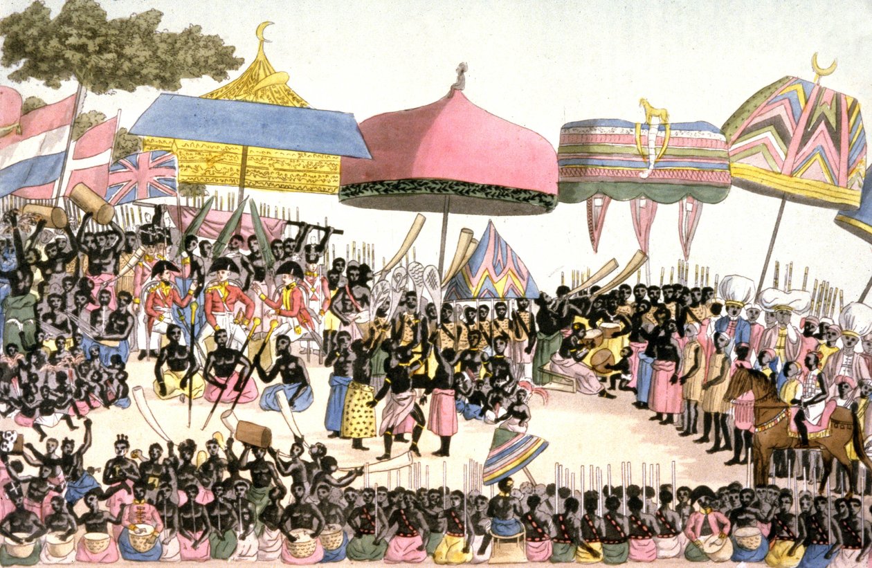 Englannin suurlähetystö Norsunluurannikolla, n. 1820 (kaiverrus)puola autorstwa Angelo (after) Biasioli