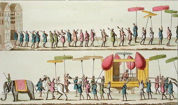 Procesja króla Birmy, ilustracja z „Le Costume Ancien et Moderne” Giulio Ferrario, wydana ok. 1820-30 (kolorowa rycina) autorstwa Angelo (after) Biasioli