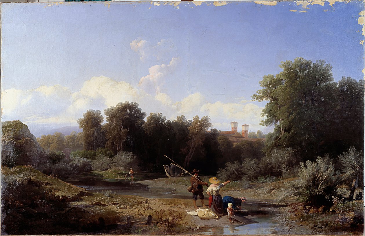 Krajobraz lub „Wędkarstwo” (Wędkowanie w rzece) Obraz Angelo Beccaria (1820-1897) 1855 Dim 94x146 cm Genes, Galleria d