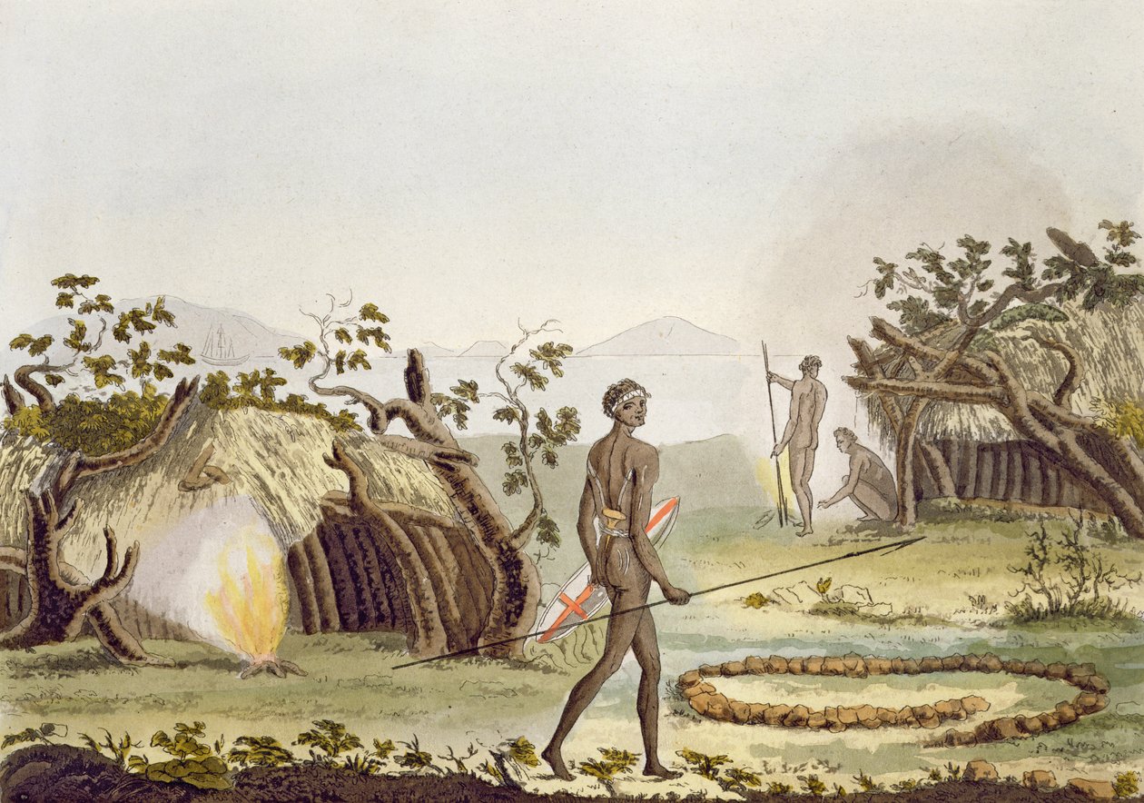 Kabina tubylcza, New Holland, płyta 64 z „Le Costume Ancien et Moderne”, autorstwa Julesa Ferrario, wydana w latach 1820-30 autorstwa Angelo Biasioli
