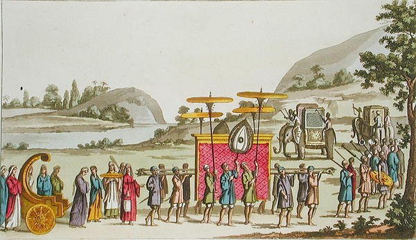 Procesja królowej Birmy, płyta 80 z „Le Costume Ancien et Moderne” Julesa Ferrario, wydana ok. 1820-30 (kolor lito) autorstwa Angelo Biasioli