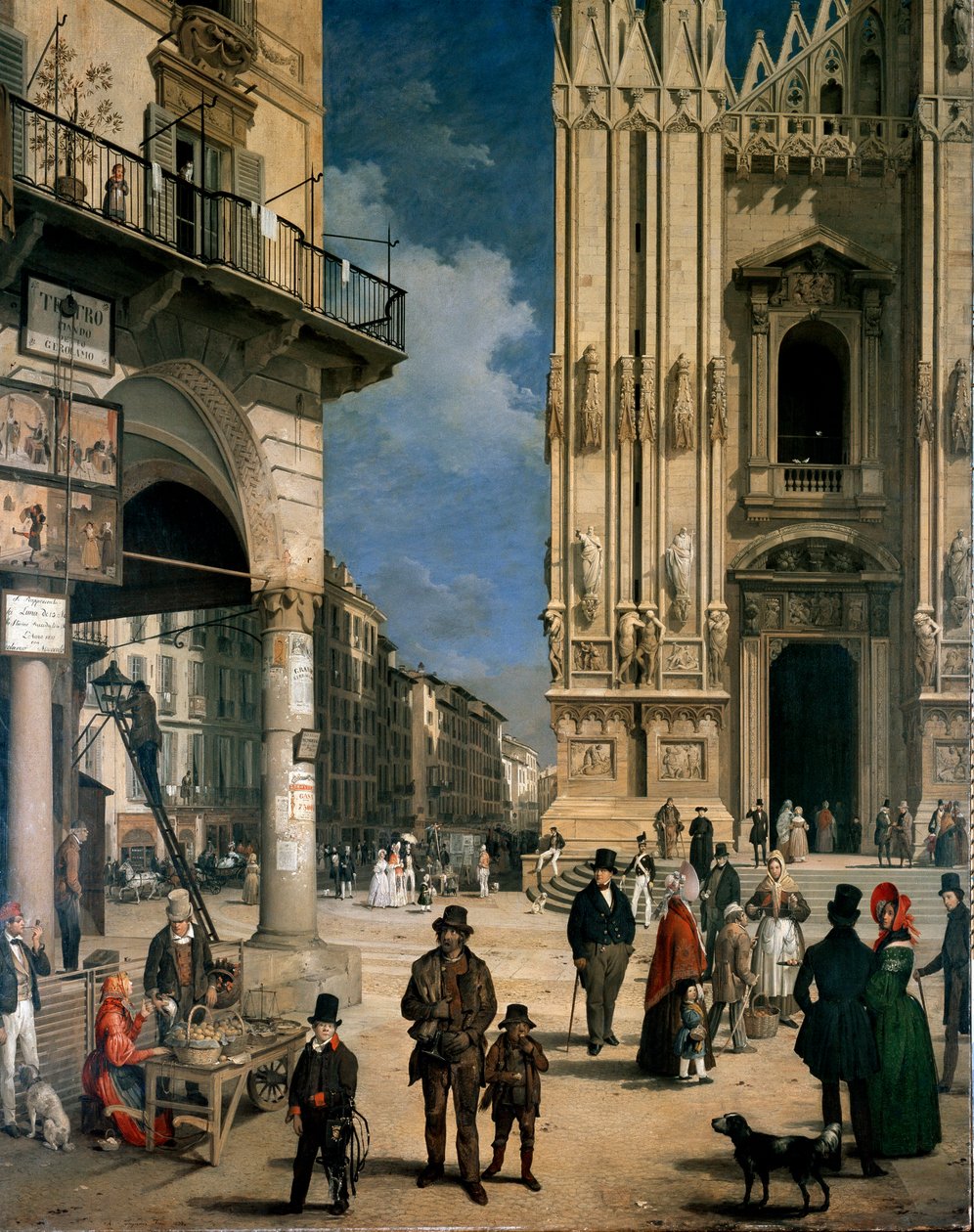 Marche de Figini w Mediolanie (Piazza del Duomo z rogiem Coperto dei Figini) Szczegół autorstwa Angelo Inganni