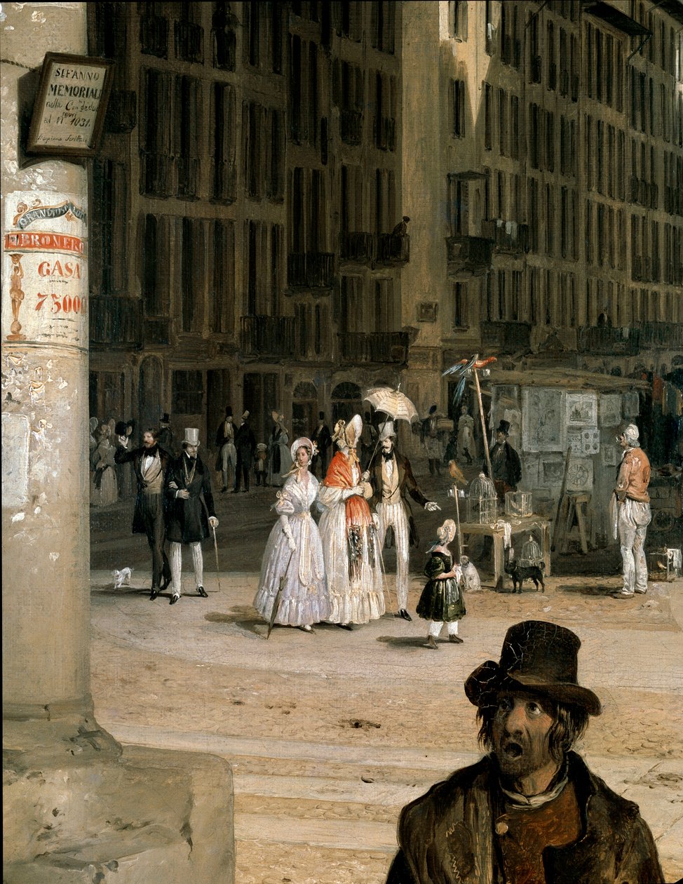 Marche de Figini a Milan (Piazza del Duomo z rogiem Coperto dei Figini) Detal - Obraz Angelo Inganni (1807-1880) autorstwa Angelo Inganni