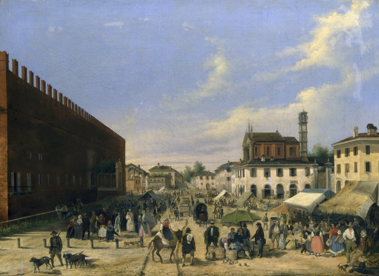 Rynek w Belgioioso autorstwa Angelo Inganni