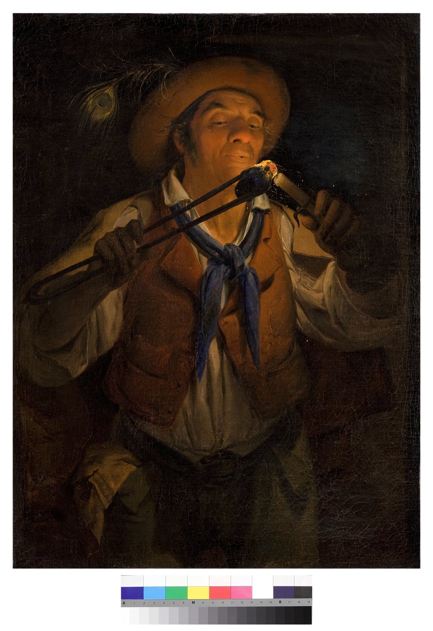 Chłop zapalający świecę z żarem, 1850 autorstwa Angelo Inganni