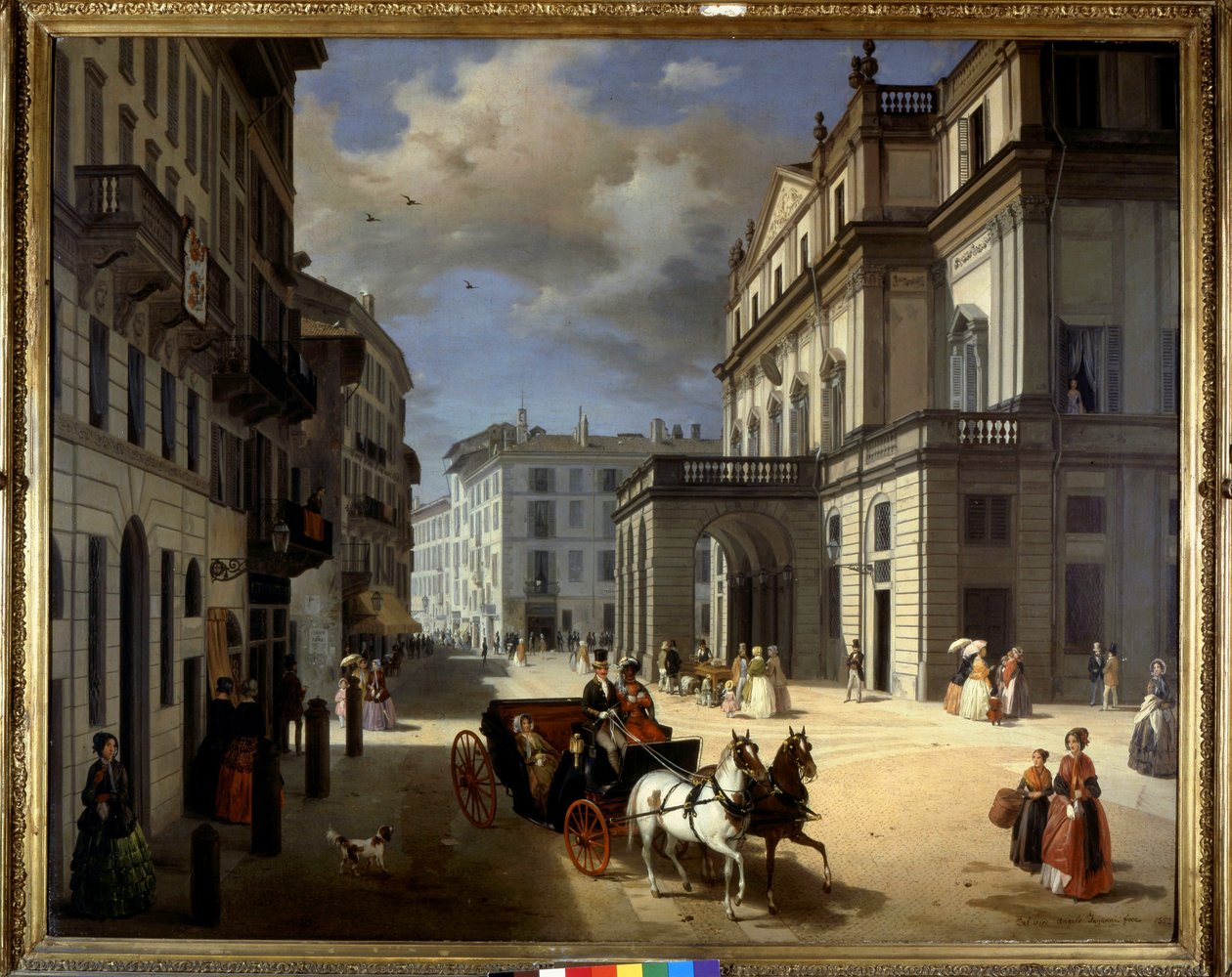 Reprezentacja Plaza de la Scala w Mediolanie przez Angelo Inganniego. 19 wiek. Galeria Sztuki Brera, Mediolan. autorstwa Angelo Inganni