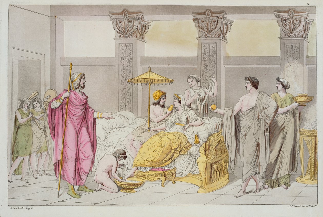 Wesele Ulissesa i Penelopy, ilustracja z Le Costume Ancien ou Moderne autorstwa Julesa Ferrario, sztych. A. Biasoli, Mediolan 1821 (rycina kolorowa) autorstwa Angelo Monticelli