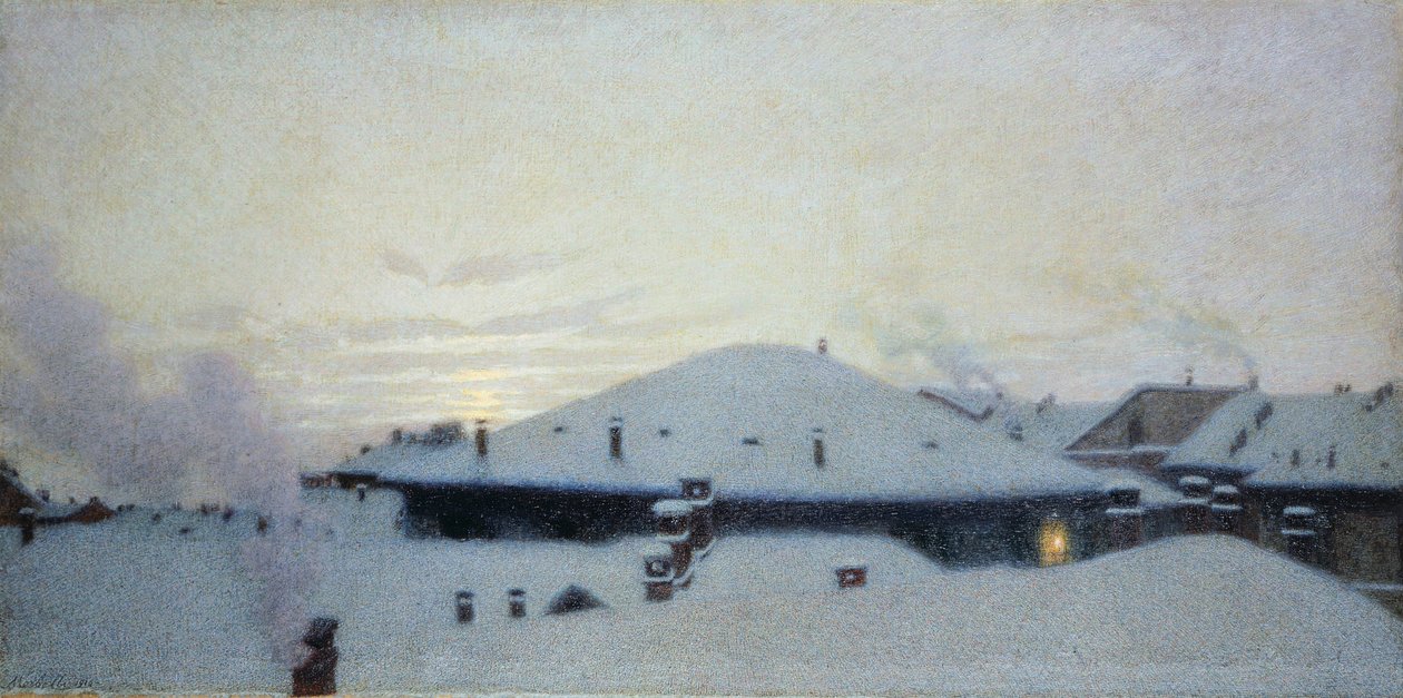 Dachy w śniegu autorstwa Angelo Morbelli