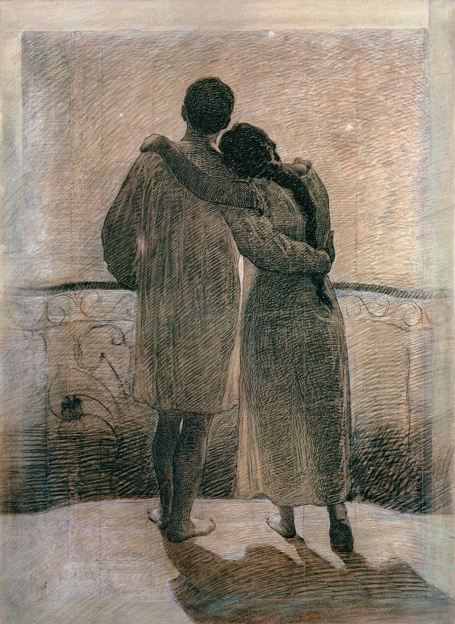 Młoda para, centralny panel z Tryptyku Sen i rzeczywistość, 1905 (ołówek i węgiel na papierze) autorstwa Angelo Morbelli
