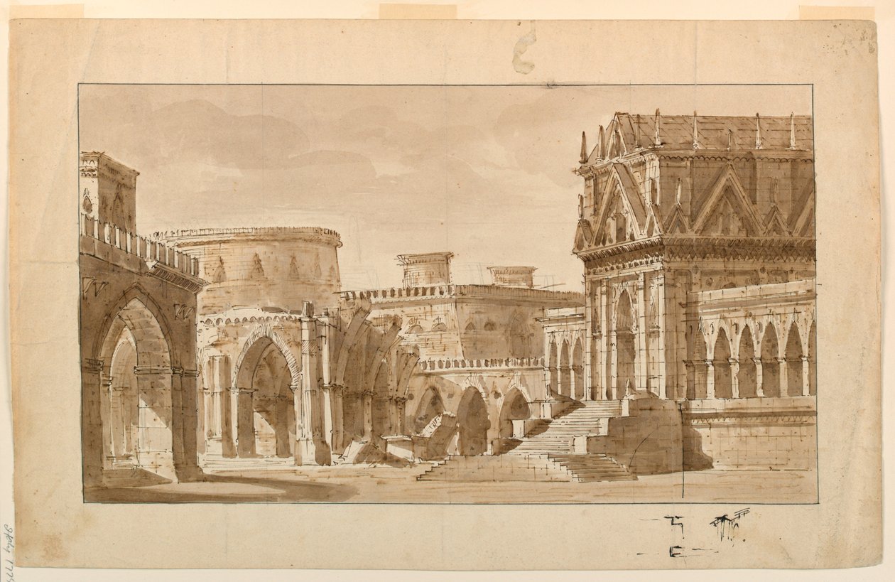 Scenografia, gotycki pałac, kościół i twierdza autorstwa Angelo Toselli