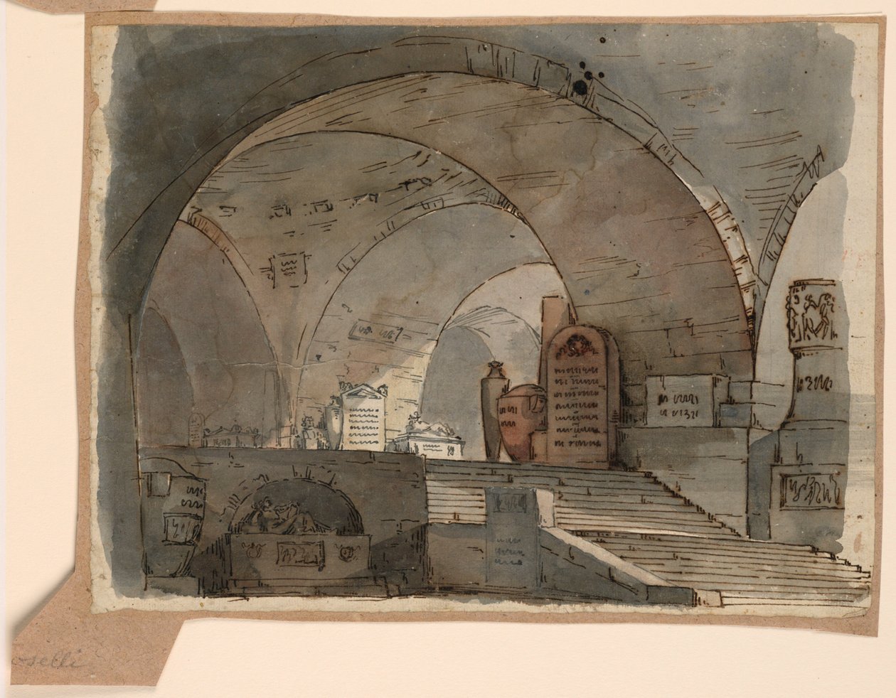 Scenografia, podziemna przestrzeń sklepiona z grobowcami autorstwa Angelo Toselli