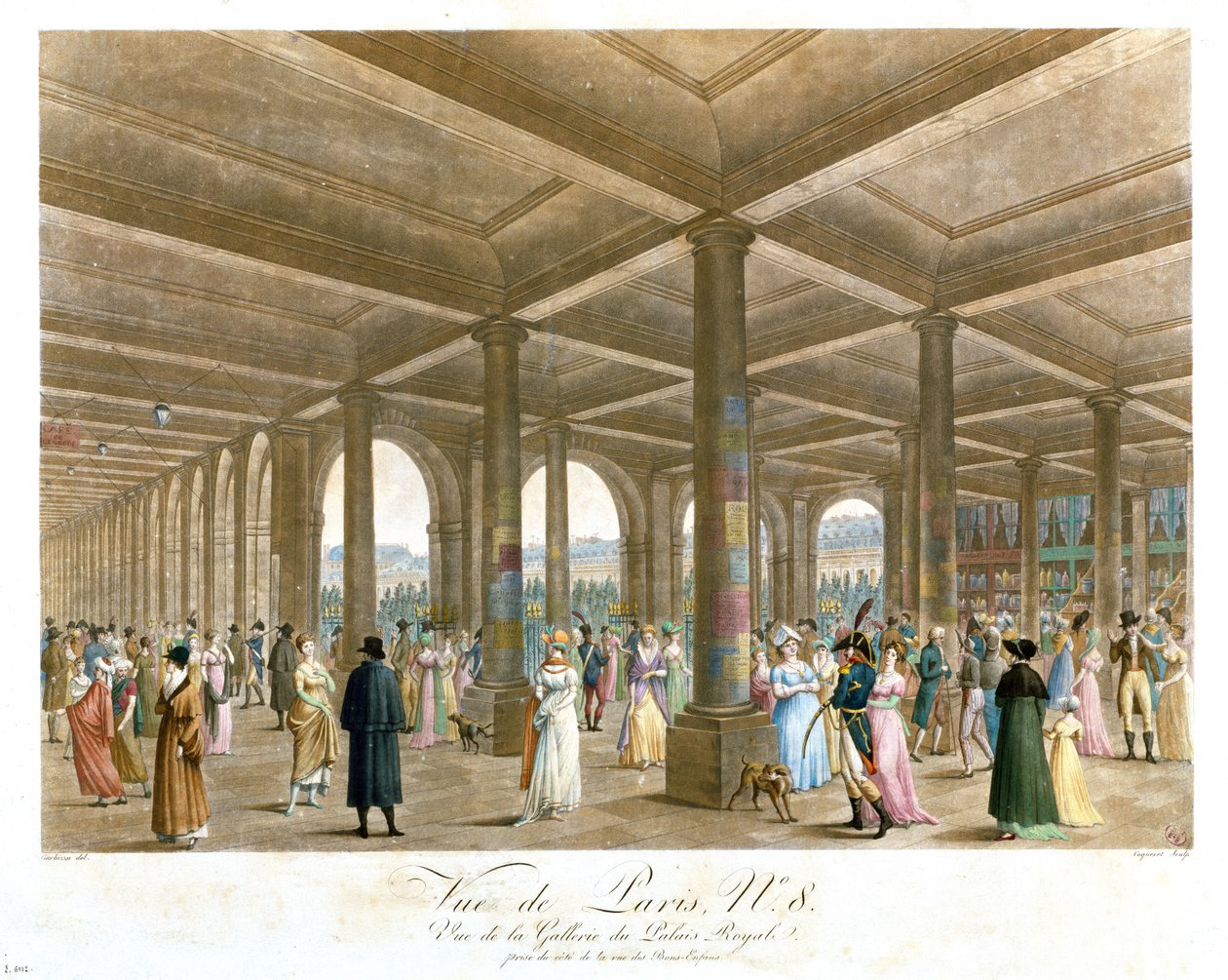Arkada Palais Royal, grawerowana przez Coquerel autorstwa Angelo after Garbizza