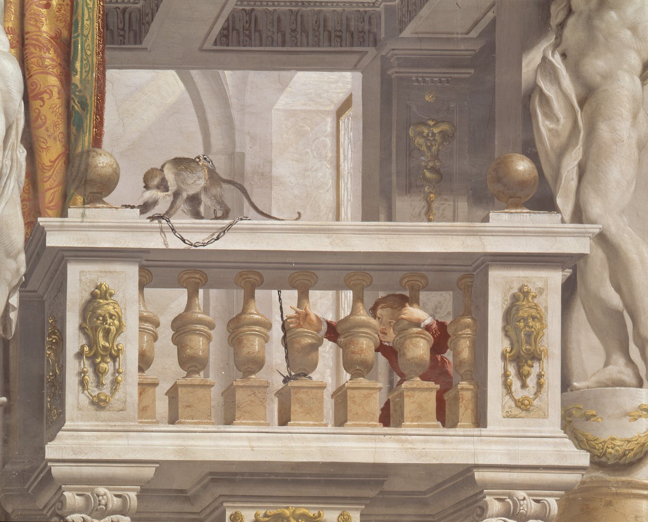 Recepcja Wielkiego Księcia, detal sufitu przedstawiający małpę i chłopca na balustradzie, 1638-44 autorstwa Angelo and Mitelli Colonna