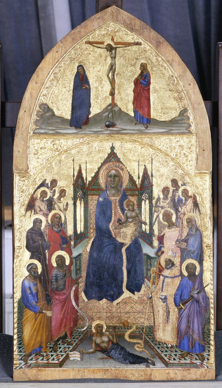 Madonna z Dzieciątkiem na tronie z aniołami i świętymi, ok. 1360-70 (tempera na drewnie topoli) autorstwa Angelo di Puccinelli